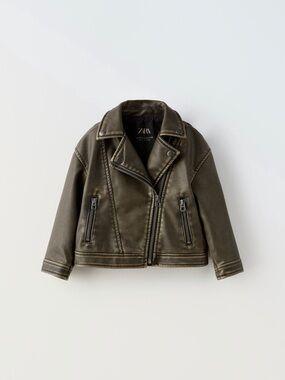 Zara Faux Leather Biker Jacket in Olive Green